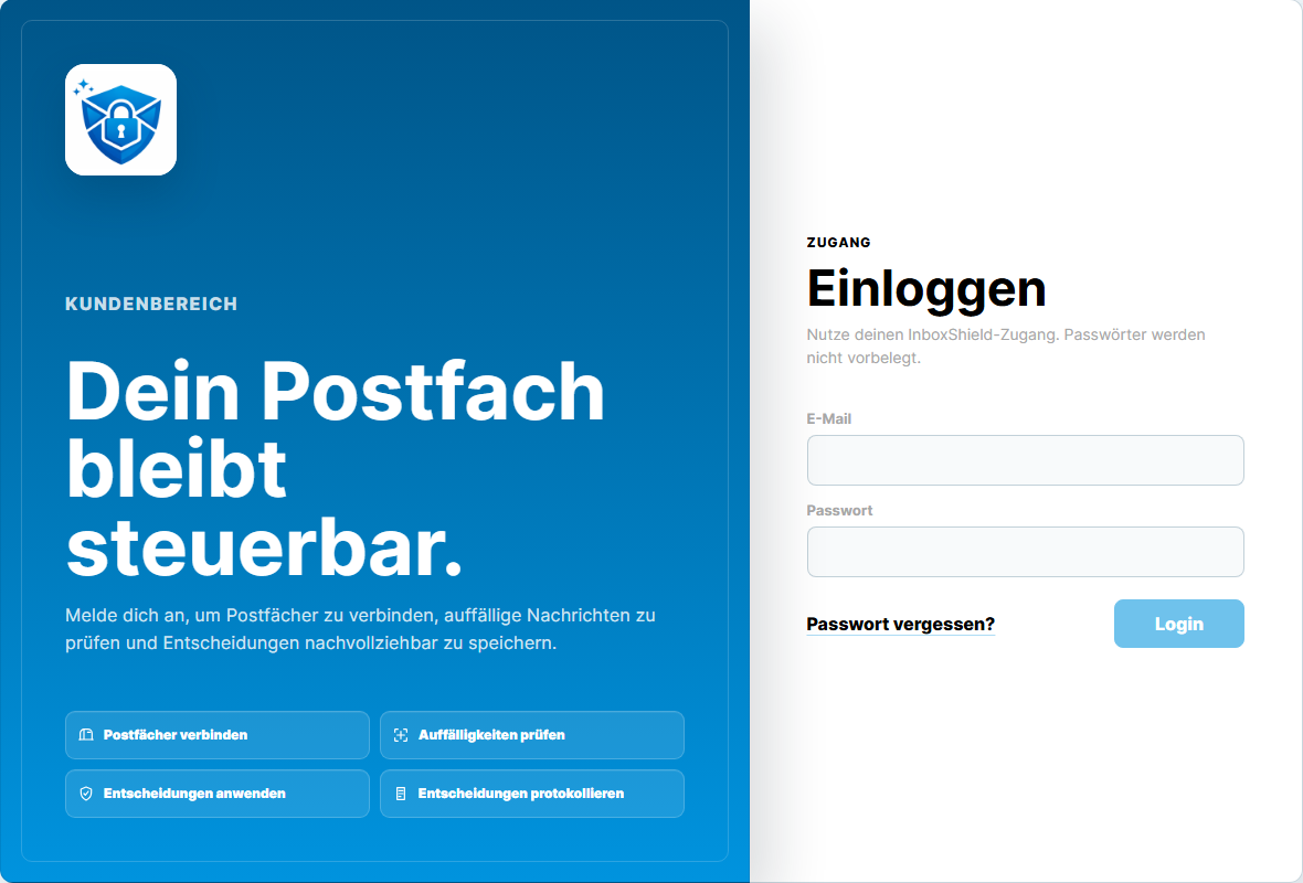 InboxShield Kundenbereich als Desktop-Oberfläche mit Login und Produktversprechen