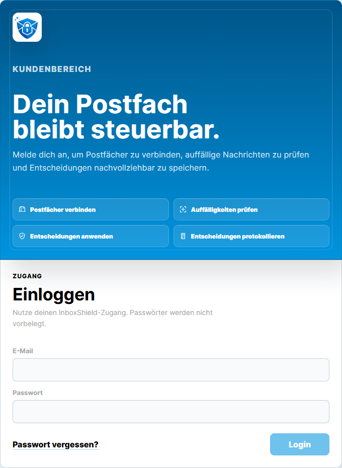 InboxShield Kundenbereich als Tablet-Ansicht mit vertikaler Login-Oberfläche