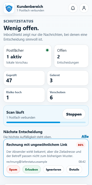 InboxShield Mobile-App mit Schutzstatus, Risikoanzeige und nächster Spam-Entscheidung